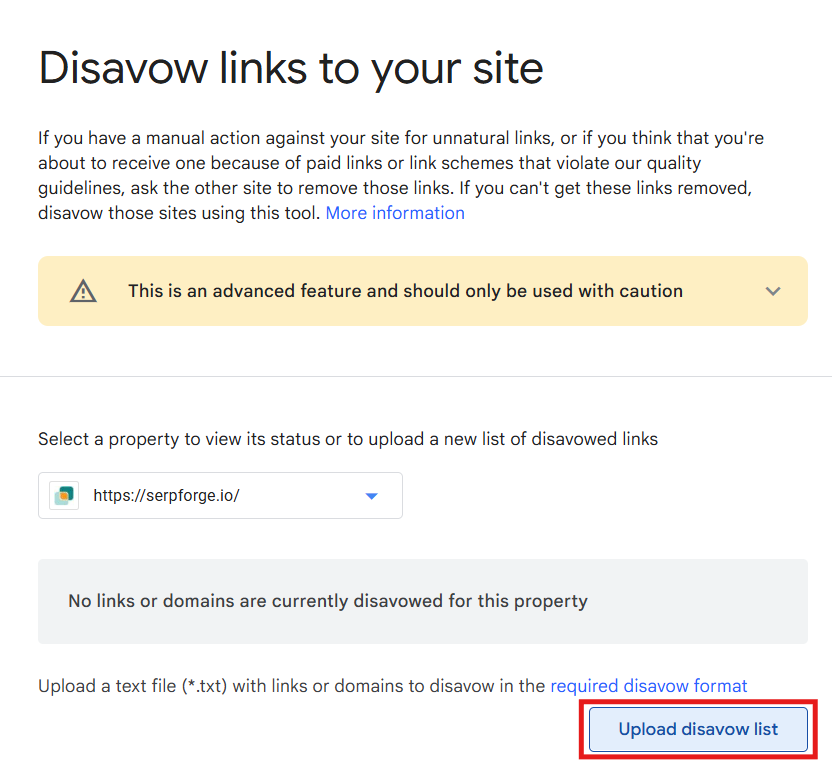 disavow list upload