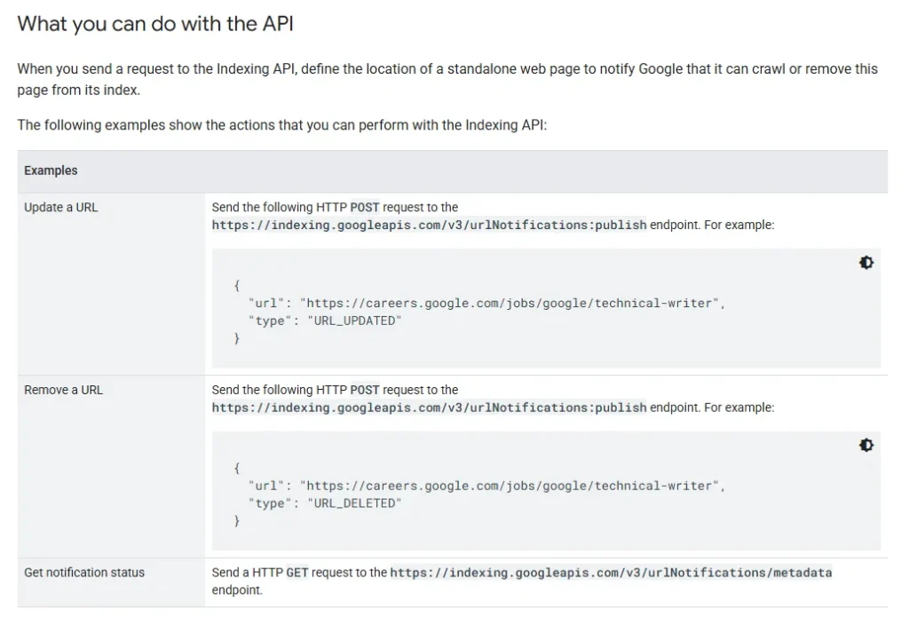 indexing API indexing API