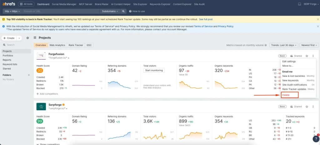 Delete Project from Dashboard Delete Project from Dashboard