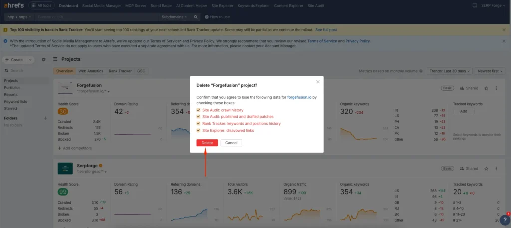 Delete Project from Dashboard Delete Project from Dashboard