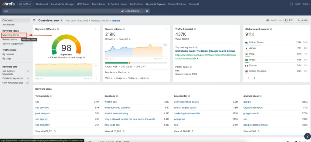 Matching Terms Report Matching Terms Report