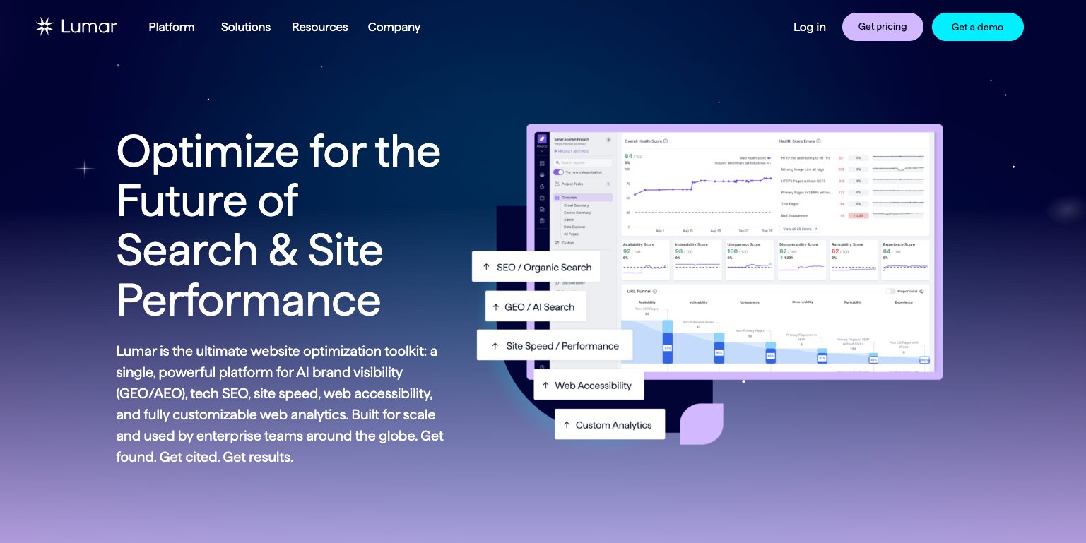 Lumar homepage: Optimize for the Future of Search & Site Performance &ndash; SEO, GEO, and analytics platform 