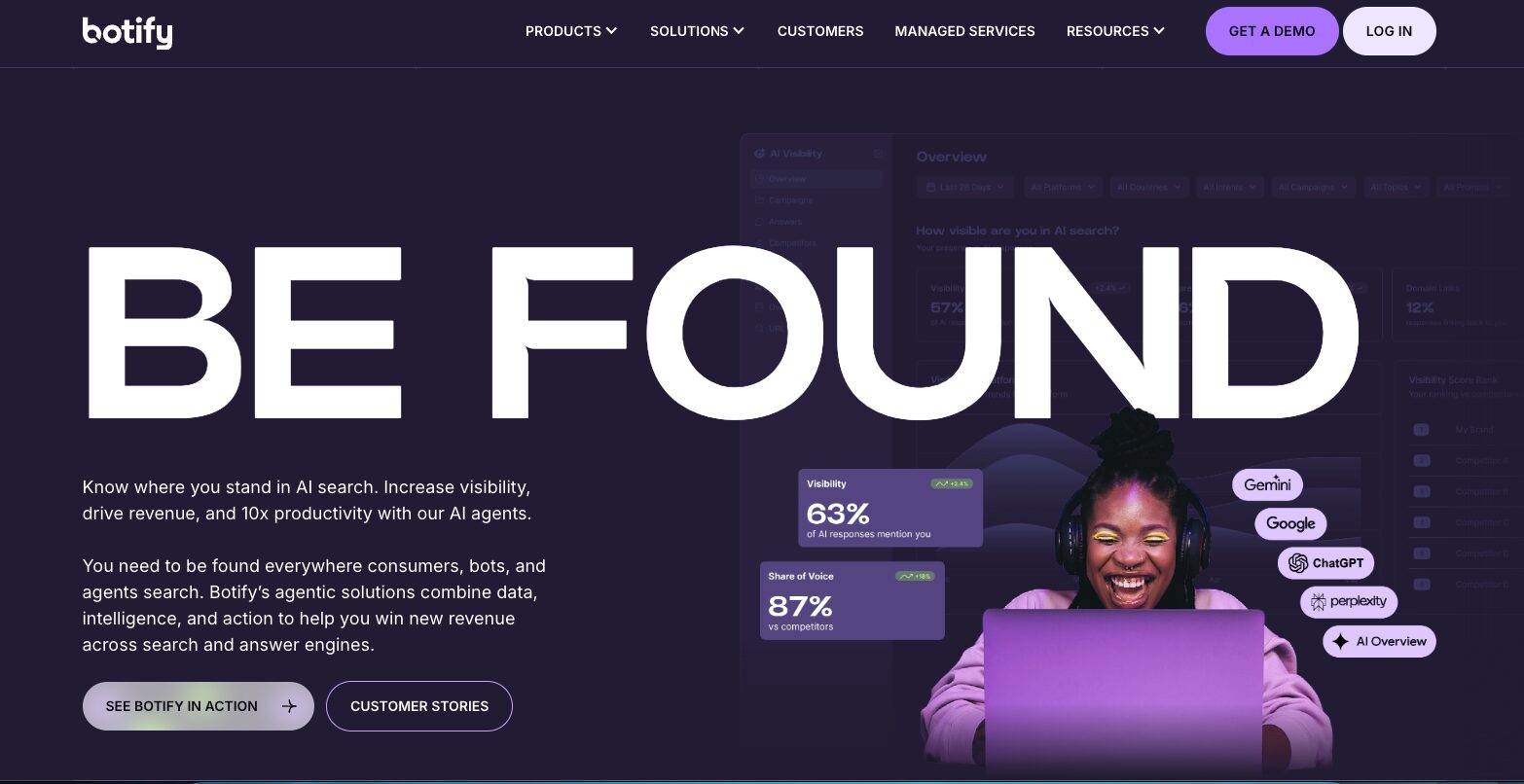  Botify homepage: Be Found AI search visibility platform showing 63% visibility and 87% share of voice 