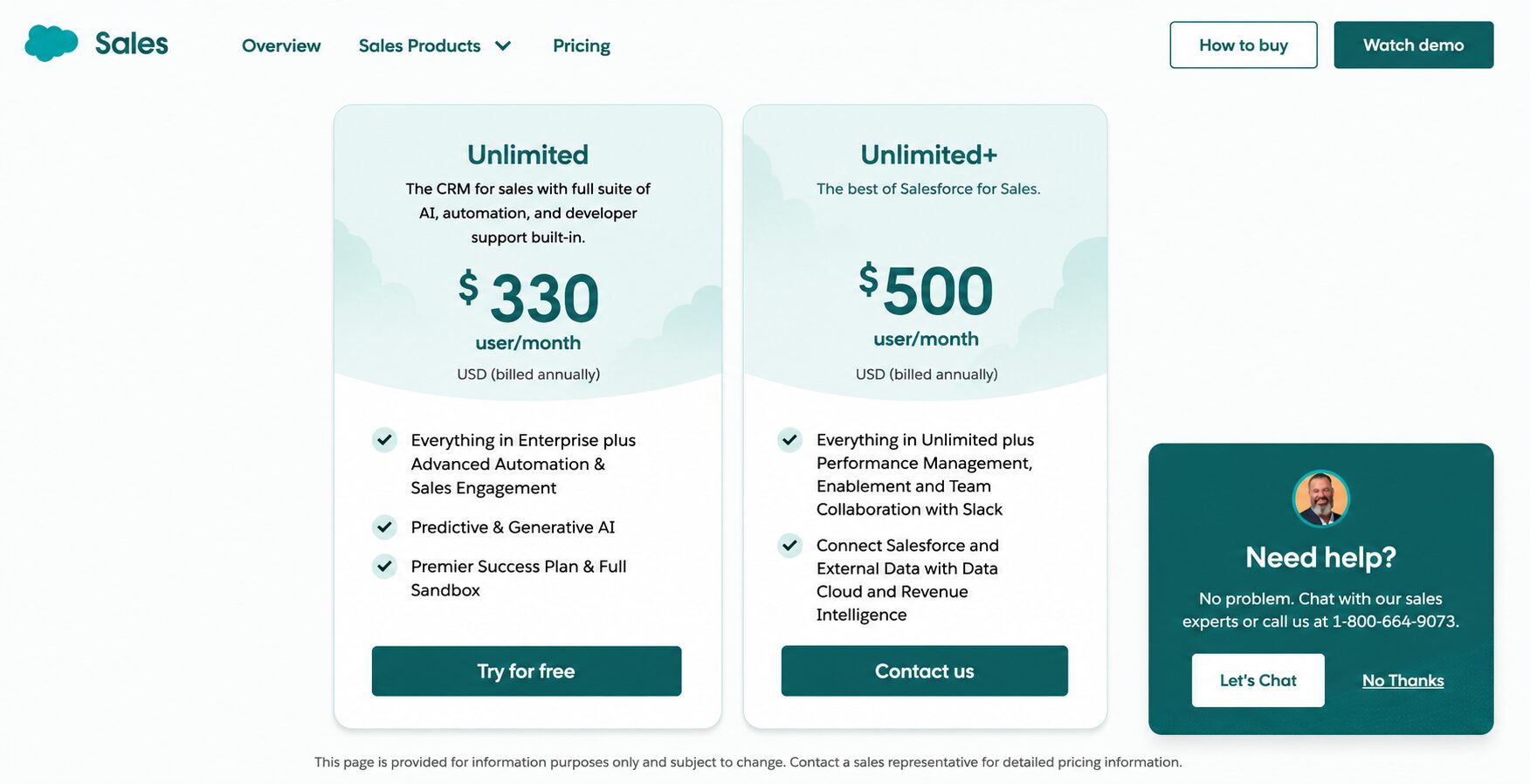 Salesforce Sales pricing page showing Unlimited and Unlimited+ plans with monthly pricing