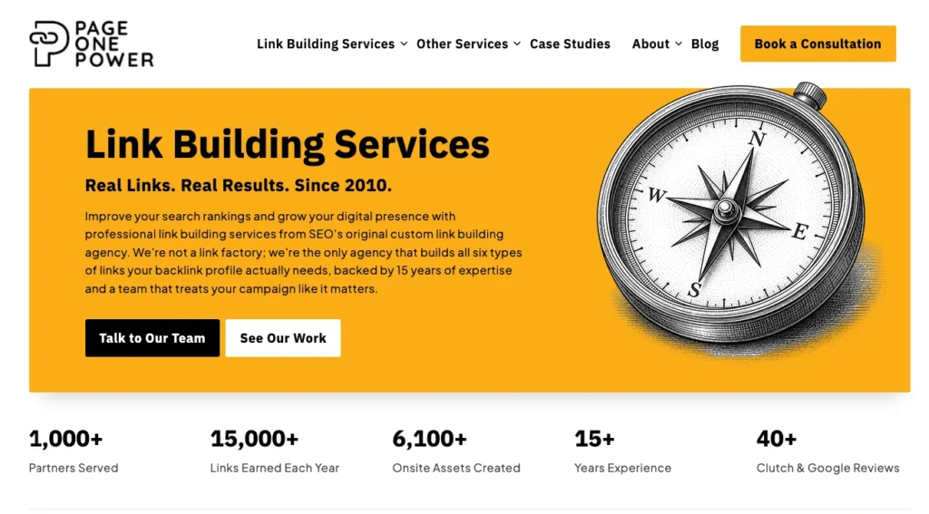 Page One Power SaaS link building agency homepage