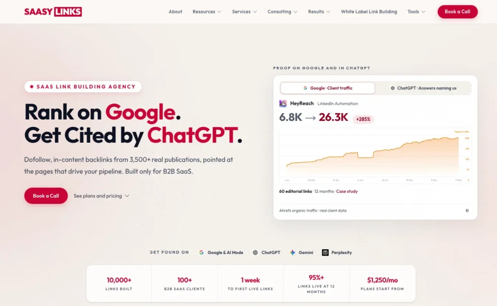 SAASY LINKS SaaS link building agency homepage