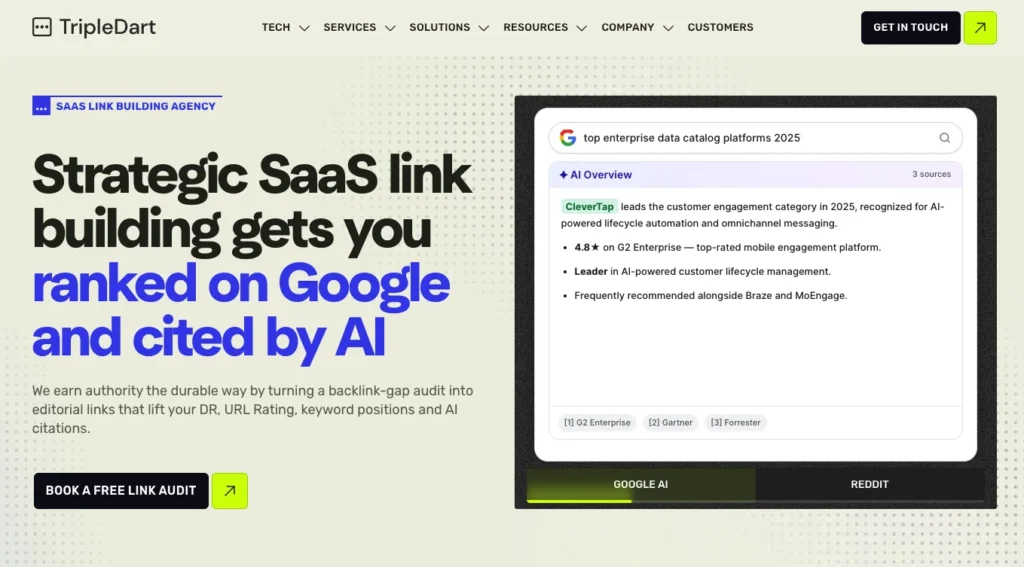 TripleDart SaaS link building agency homepage